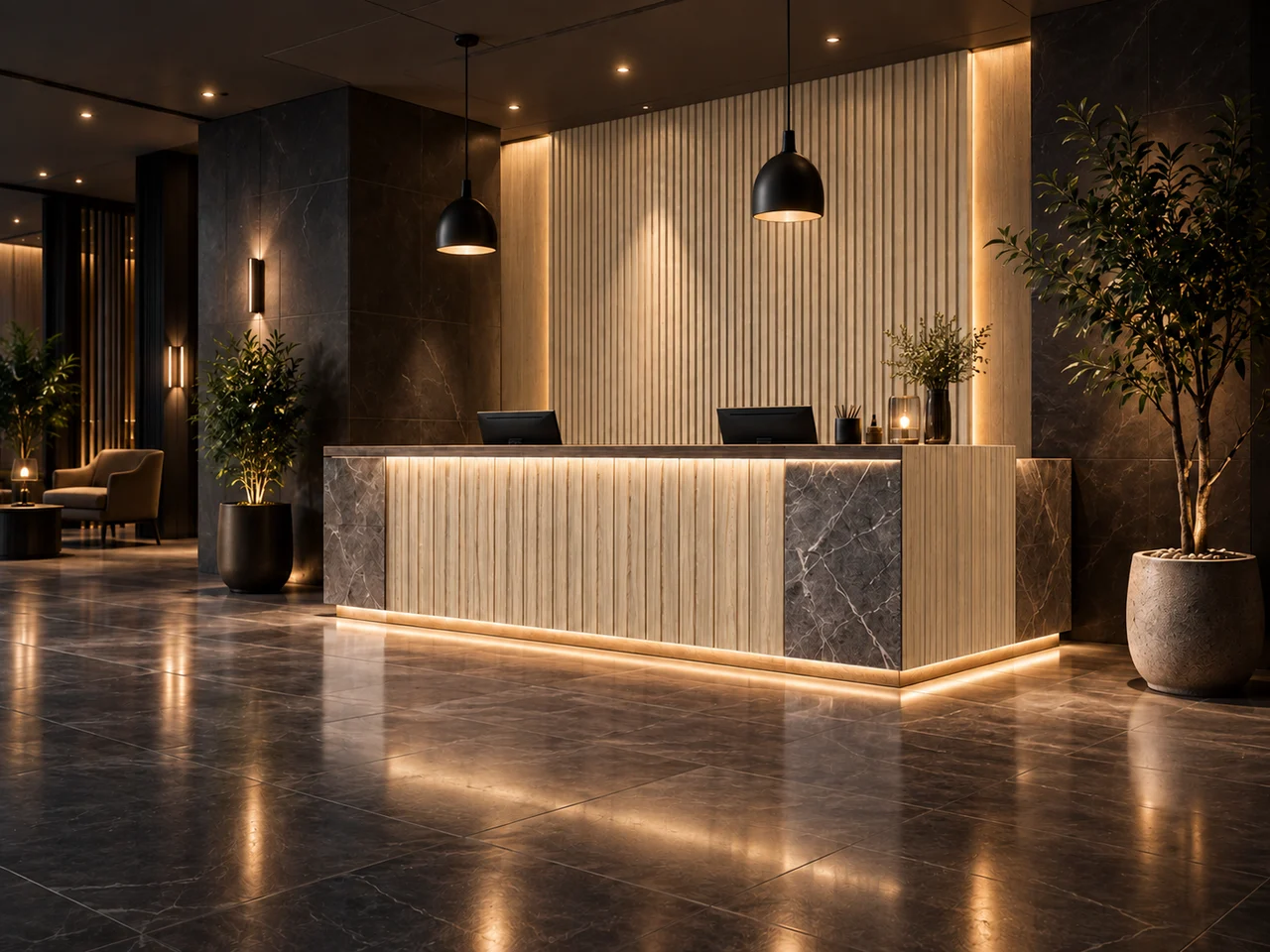 Illustrative calm stone-finished residential space
